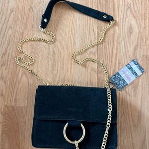 Elegant Black Suede Shoulder Bag with Gold Chain